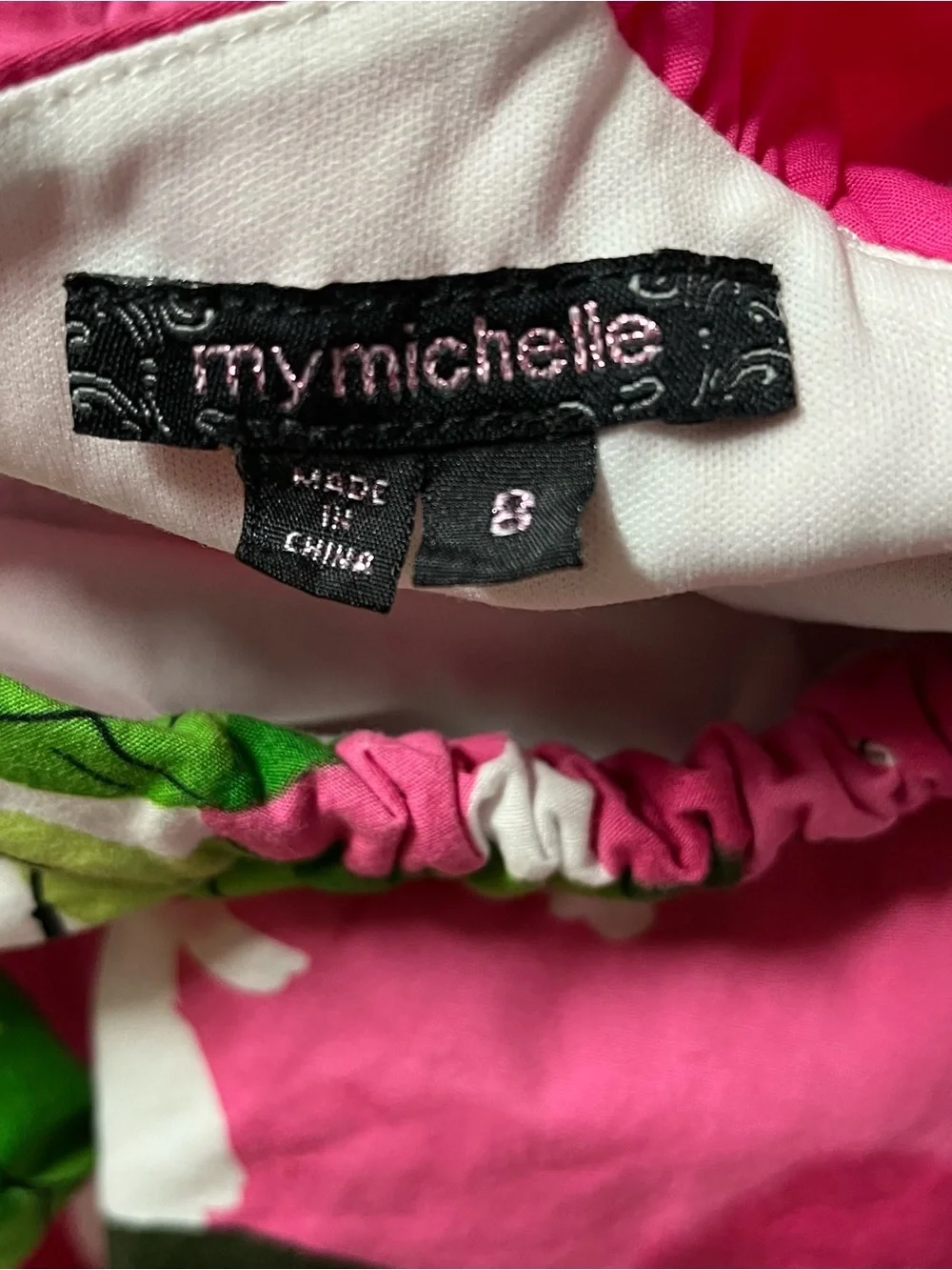 My Michelle Pink Floral Bubble Dress with Green Leaf Print